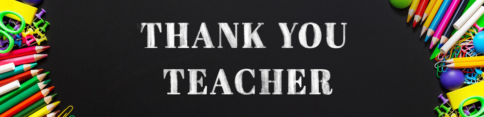 International Thank You day chalk text to theachers. Banner format. Black chalkboard. School...