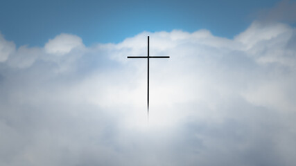Heaven and cross in the cloudy sky. Christian crucifix silhouette in the clouds background. Jesus Christ the Lamb of God death and resurrection Easter concept. Symbol of faith and grace from God