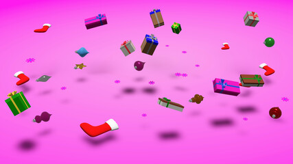 Falling of mixed Christmas gift box and ornament with circular pink gradient background (3D Rendering)