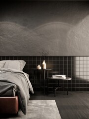interior of modern loft bedroom. there have gray concrete and black tile wall. 3d render background