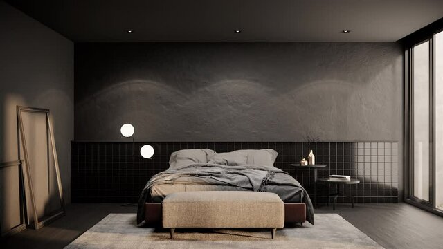 modern bedroom interior with gray concrete wall, black tile wall, wooden floor, bedding and furniture. zoom in shot, video ultra HD 4K 3840x2160, 3D animation bedroom design. vacation home or holiday 