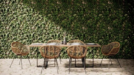 patio design with green plant wall, table and chairs. 3d render background