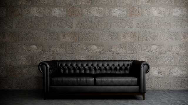 Fototapeta Room interior with black leather sofa in the middle. gray brick wall and cement floor. 3d background