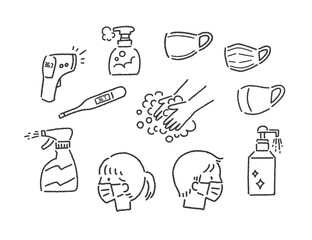 ウイルス感染予防のためのシンプルな白黒イラスト　illustrations to prevent virus infection