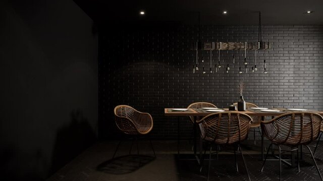 dining room design with black brick wall, wooden floor, windows, table and chairs. mock-up interior video 4k