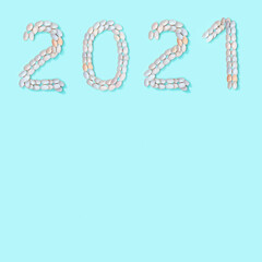 Figure 2021 laid out of small similar natural seashells on blue paper. Summer design concept with shells