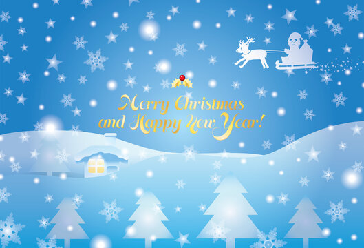 サンタとトナカイと雪の結晶のクリスマスカード