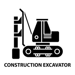 construction excavator icon, black vector sign with editable strokes, concept illustration