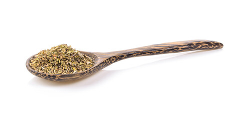 Oregano in wood spoon on white background