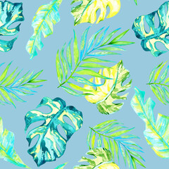 Fototapeta na wymiar Tropical palm leaves, jungle leaf seamless watercolor floral pattern, blue background, pastel texture.