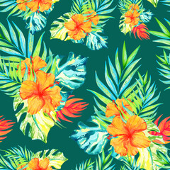 Fototapeta na wymiar Tropical seamless pattern with palm leaves and flowers. Green background, watercolor texture.