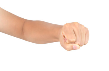 A hand holding a fist in front of a white background