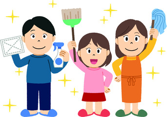 年末に大掃除をする家族のイラスト