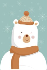 Polar bear with hat and scarf, cute character in Scandinavian style. Greeting card, banner or poster, winter seasonal.