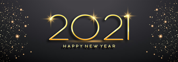 Fototapeta na wymiar Happy new 2021 year Elegant gold text with light. Minimalistic text template. Christmas and New Year 2021 greeting cards with New Year wishes