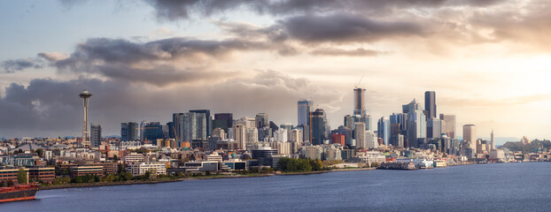 Obraz premium Downtown Seattle, Washington, United States of America. Aerial Panoramic View of the Modern City on the Pacific Ocean Coast. Dramatic Sunset Sky Art Render.
