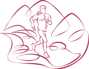 Obraz na płótnie Canvas Athlete track and field athlete makes a training run in the rocky mountains. Healthy lifestyle.One line continuous thick bold single drawn art doodle isolated hand drawn outline logo illustration.