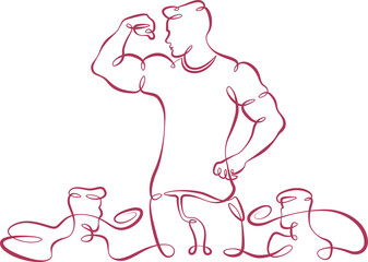 Athlete bodybuilder demonstrates his muscles in public. Weightlifting and bodybuilding.One line continuous thick bold single drawn art doodle isolated hand drawn outline logo illustration.