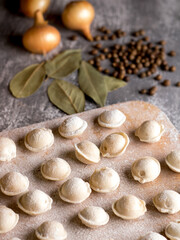 Raw traditional Russian dumplings on a wooden board with spices. Manufacturing process. Homemade food. View from above.