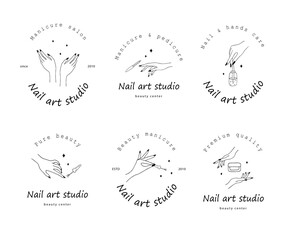 Nail art studio logo set. Modern design for beauty center, spa salon, manicure and pedicure bar. Linear vector illustration.