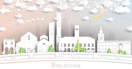 Bologna Italy City Skyline in Paper Cut Style with Snowflakes, Moon and Neon Garland. © BooblGum