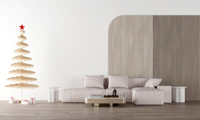 Modern cozy beautiful living room interior design and wall texture background and wooden christmas tree