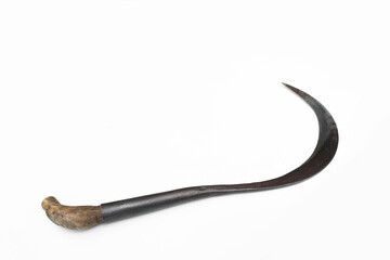 Sickle for cutting grass on white background.