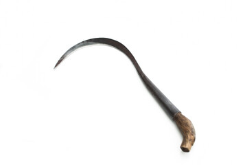 Sickle for cutting grass on white background.