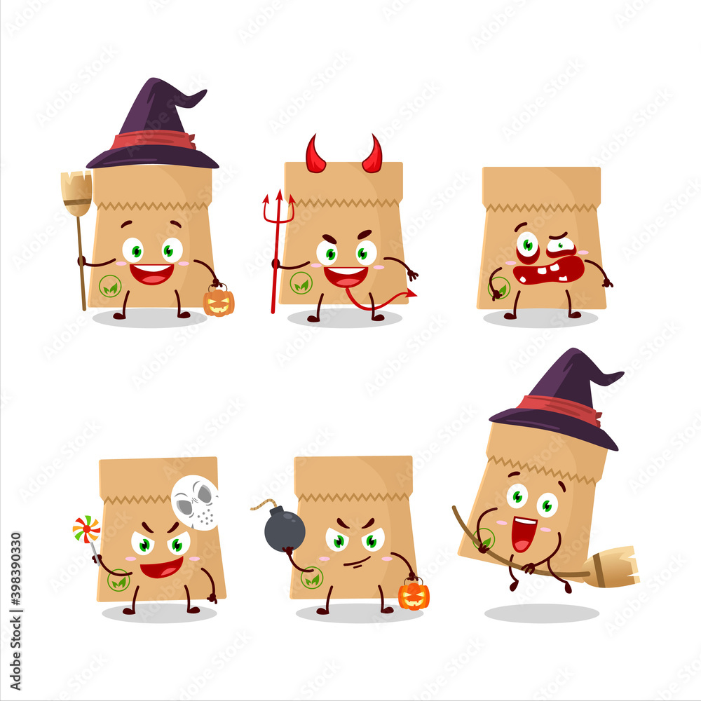 Sticker Halloween expression emoticons with cartoon character of recycle paper bag