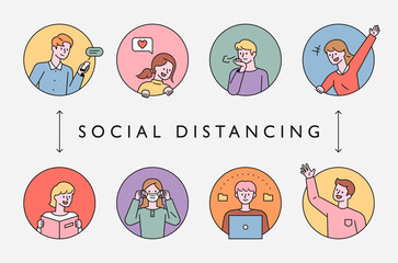 Social distancing in the pandemic era. Icons of people doing various actions in a circular frame. flat design style minimal vector illustration.