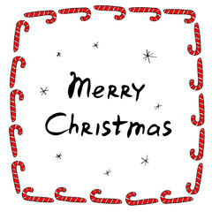 Vector Frame is made of candy cane with inscription Merry Christmas and snowflakes. Hand drawn sweet backgrounds, borders, title, decorations. For greeting card, invitation, xmas design