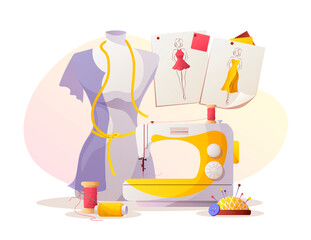 Sewing machine, mannequin, sketches, pincushion, threads. Fashion design, dressmaking, sewing workshop or courses, tailoring concept. Vector illustration for banner, advertising.
