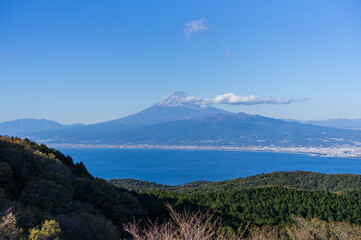 三島、沼津の街並みと駿河湾と富士山