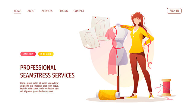 Woman with mannequin. Patterns and threads. Fashion designer, dressmaker, seamstress, sewing workshop or courses, tailoring concept. Vector illustration for banner, advertising, website.