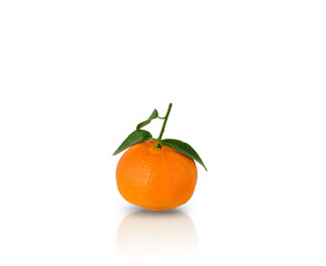 Tangerine or clementine with green leaf isolated with reflection on white background