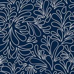 Drops abstract illustration, foliage, rounded decorated white ouline drops, over blue background.