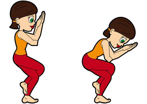 Yoga asana set eagle pose variations / Illustration cartoon girl doing garudasana variations