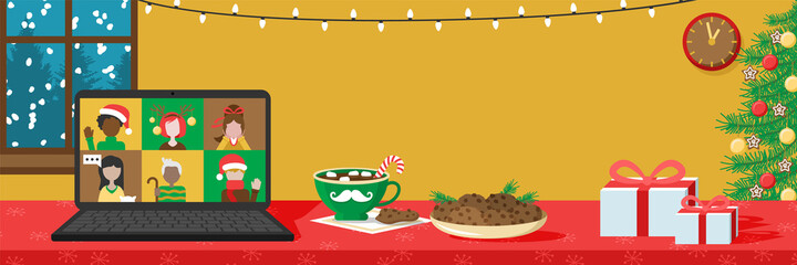 Christmas online celebration party background illustration flat design