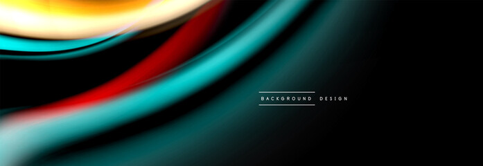 Dynamic motion abstract background. Color blurred stripes on black. Wave liquid lines poster. Vector illustration