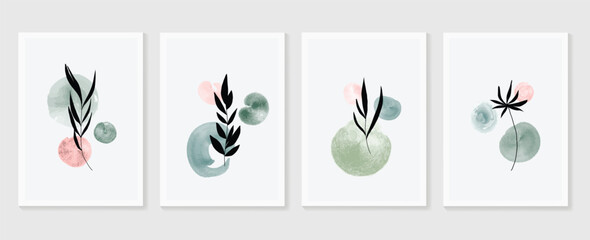 Botanical wall art vector set. Earth tone boho foliage line art drawing with  abstract shape.  Tropical Plant cover design for print, cover, wallpaper, Minimal and  natural wall art. © TWINS DESIGN STUDIO