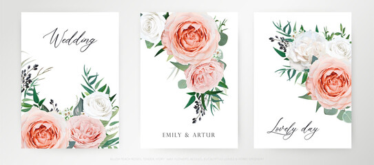 Elegant, watercolor floral bouquet card, wedding invite set. Blush peach, pink, ivory Rose flowers, Eucalyptus greenery, navy berries, green forest leaves vector illustration. Editable tender template