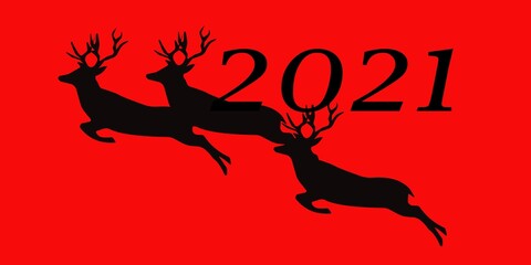 Black silhouettes of galloping deer on a red background.