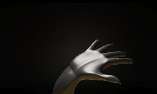 Black hand showing open palm - 3d render illustration. Dark Sculptural composition for creative advertising. Open hand palm -social poster about help, protest, struggle or hope.