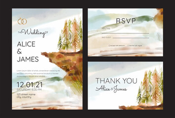wedding invitation cards with pine forest landscape watercolor