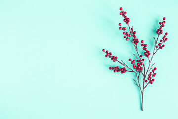 Christmas composition. Red berries on blue background. Christmas, winter, new year concept. Flat lay, top view