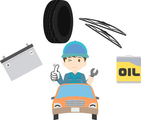 グーをするスパナを持つ整備士と可愛い車のイラスト Wall Mural Foolchico