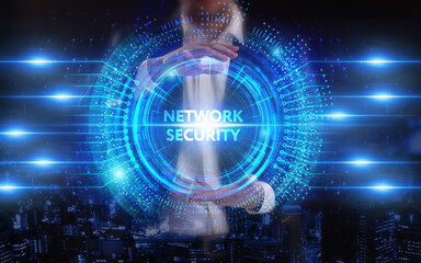 Fototapeta premium Business, Technology, Internet and network concept. Young businessman working on a virtual screen of the future and sees the inscription: Network security