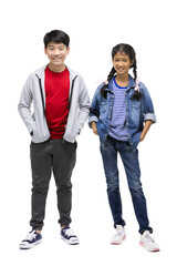 Students friends standing together on a white background