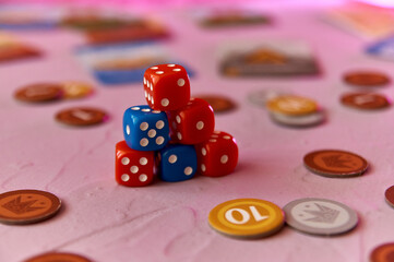 cards and dice. Components of a Board game. Type of hobby and family leisure