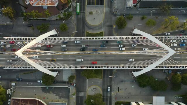 Birds Eye View of Modern Cable Stayed Bridge. Boom Jib Down. Guadalajara, Mexico